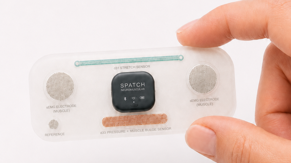 SPATCH neuromuscular wearable patch held between two fingers